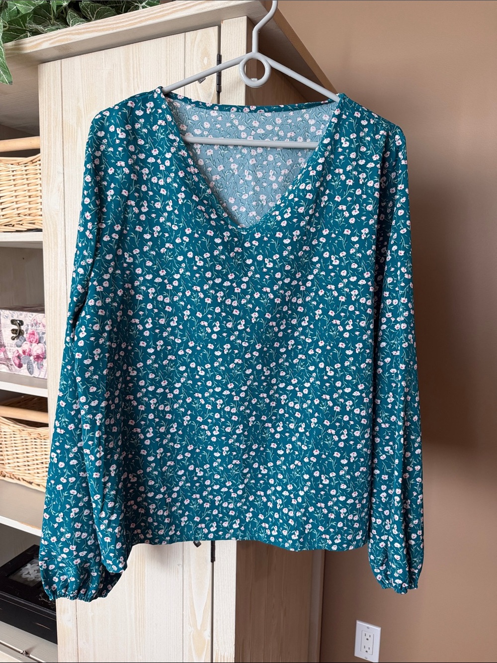 SHEIN Teal Floral V-Neck Long Sleeve Blouse